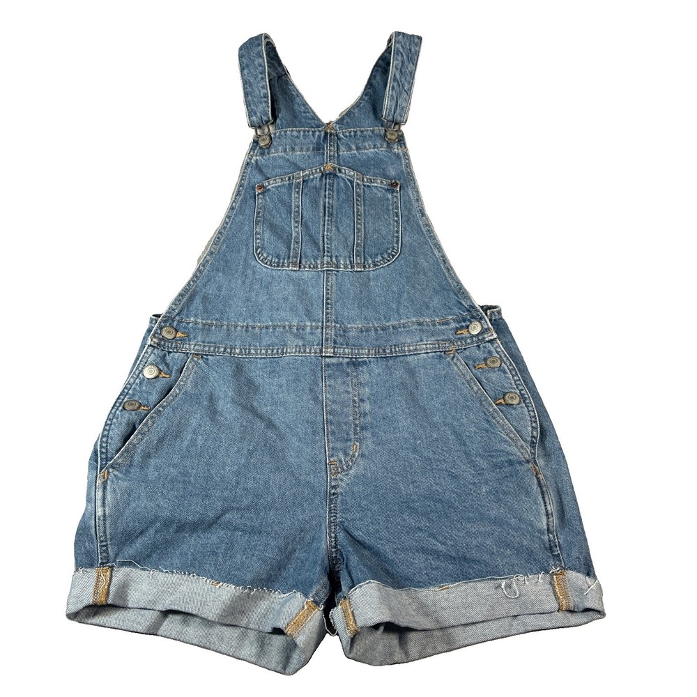 Old Navy Womens S Denim Bib Overall Shorts Med Wash Rolled Cuff Shortalls
